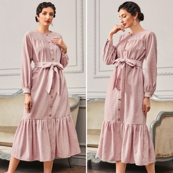 ✌🏼 #2487 Self Belted Flip Hem Button Front Dress - Picture 5 of 16